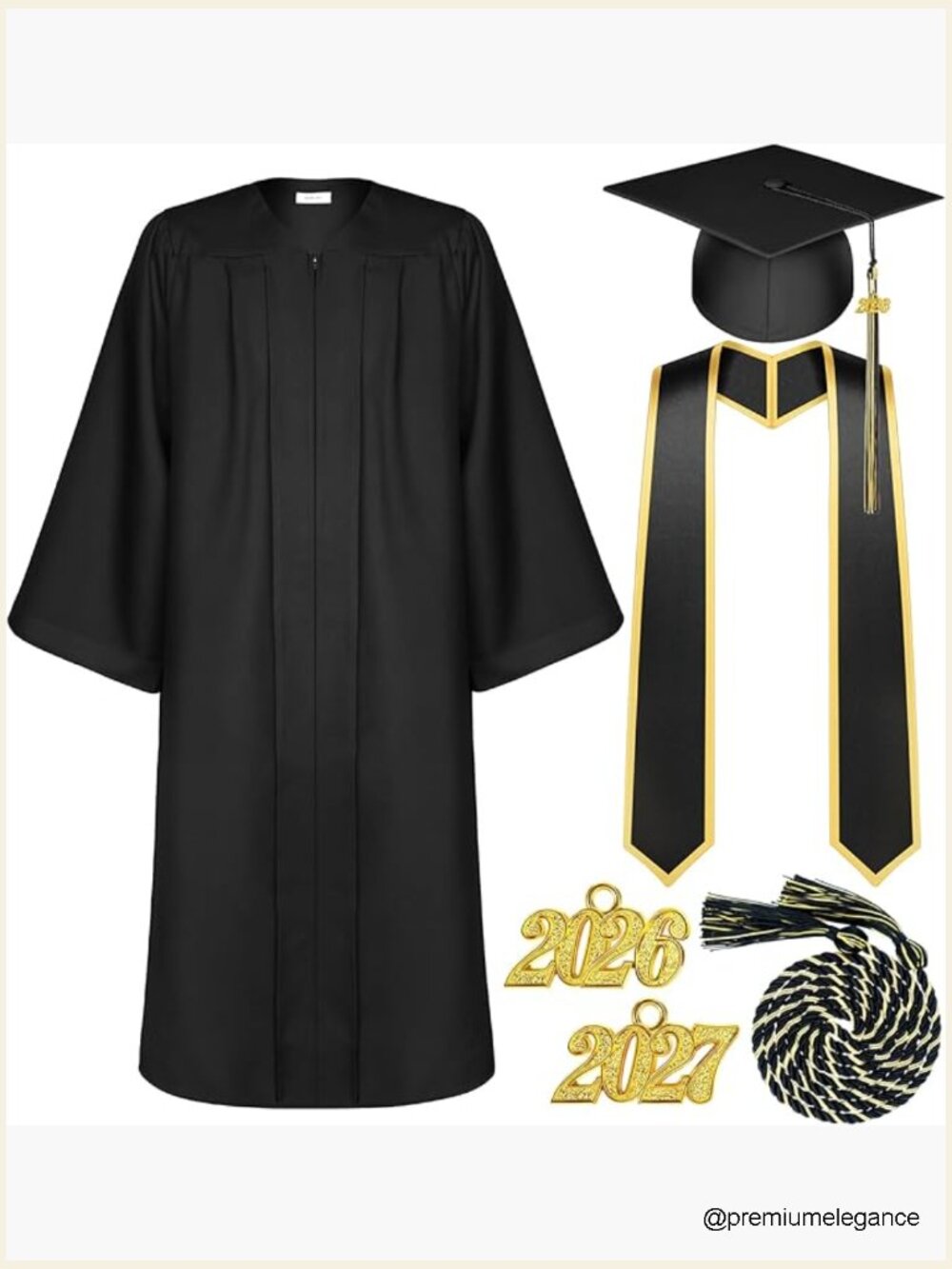 Adult Graduation Gown Cap Tassel Set with Honor Cord & Stole, Polyester,